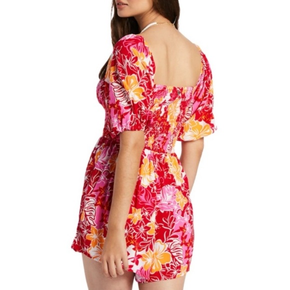 NEW Roxy Barefoot Bade Smocked Romper Large Red Pink Orange Hibiscus Floral - Picture 2 of 13